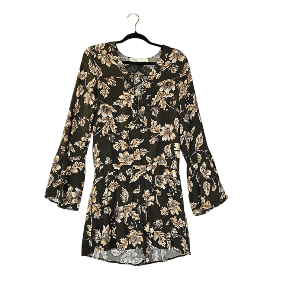 Vintage Havana Womens Medium Romper Shorts Floral Green Split Bell Sleeves Boho